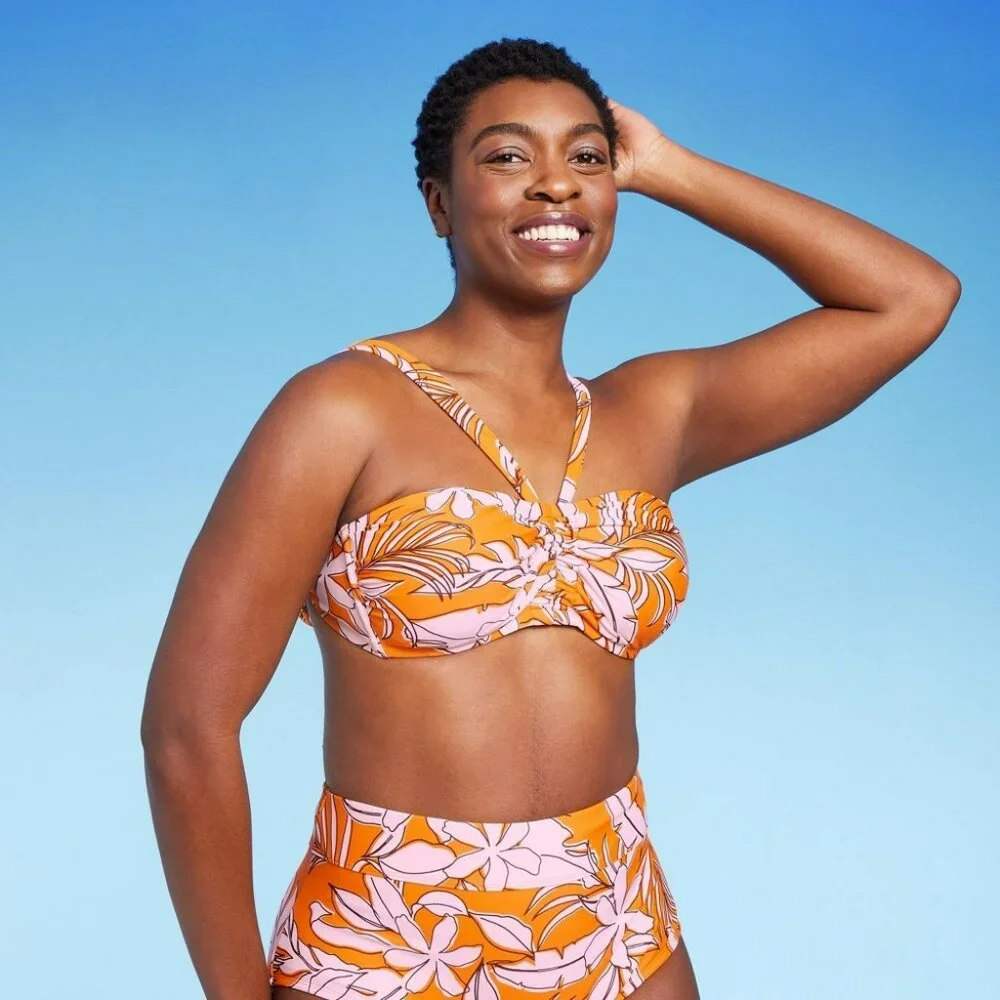 Kona Sol Women's Multi-Way Floral Strapless Bikini Top In Orange Size M (8-10)